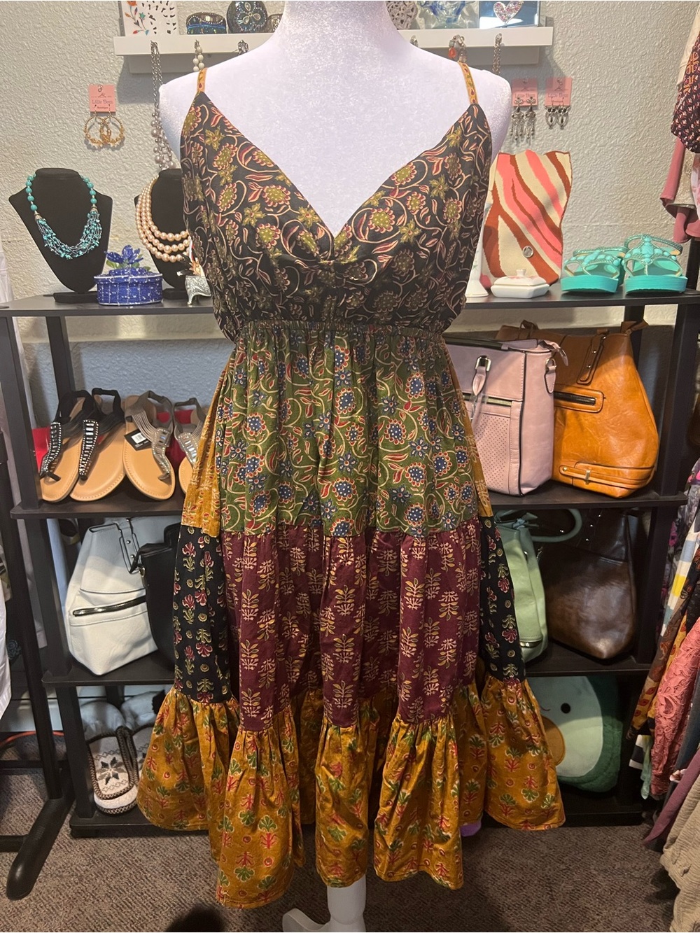 Sacred Threads Multicolor Tiered Midi Dress in Black, Green, Burgundy & Mustard
